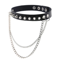 Black erotic leather choker, silver metal spikes and chain